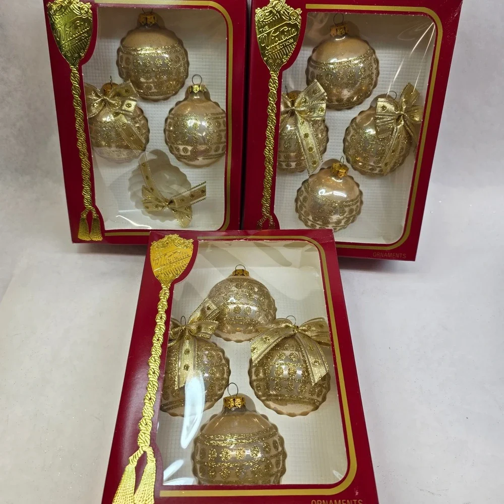 Vintage‎ Rauch Glass Ornaments Lot of 12 Gold Glitter Bows Round, Victoria GUC